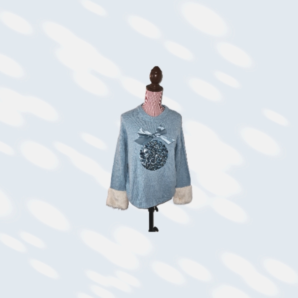 STUNNING HOLIDAY ORNAMENT CHRISTMAS SWEATER LIGHT BLUE EUC WITH FAUX FUR TRIM SM